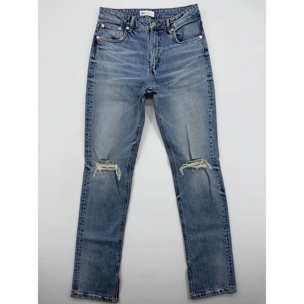 Zara Jeans High Rise Slim Fit blue Straight Leg With Slits On The Side Size 6